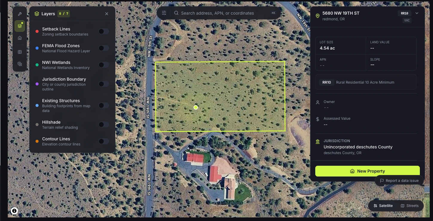 SiteFacts map view showing an instant parcel read with lot size, zoning, and jurisdiction for an outlined parcel