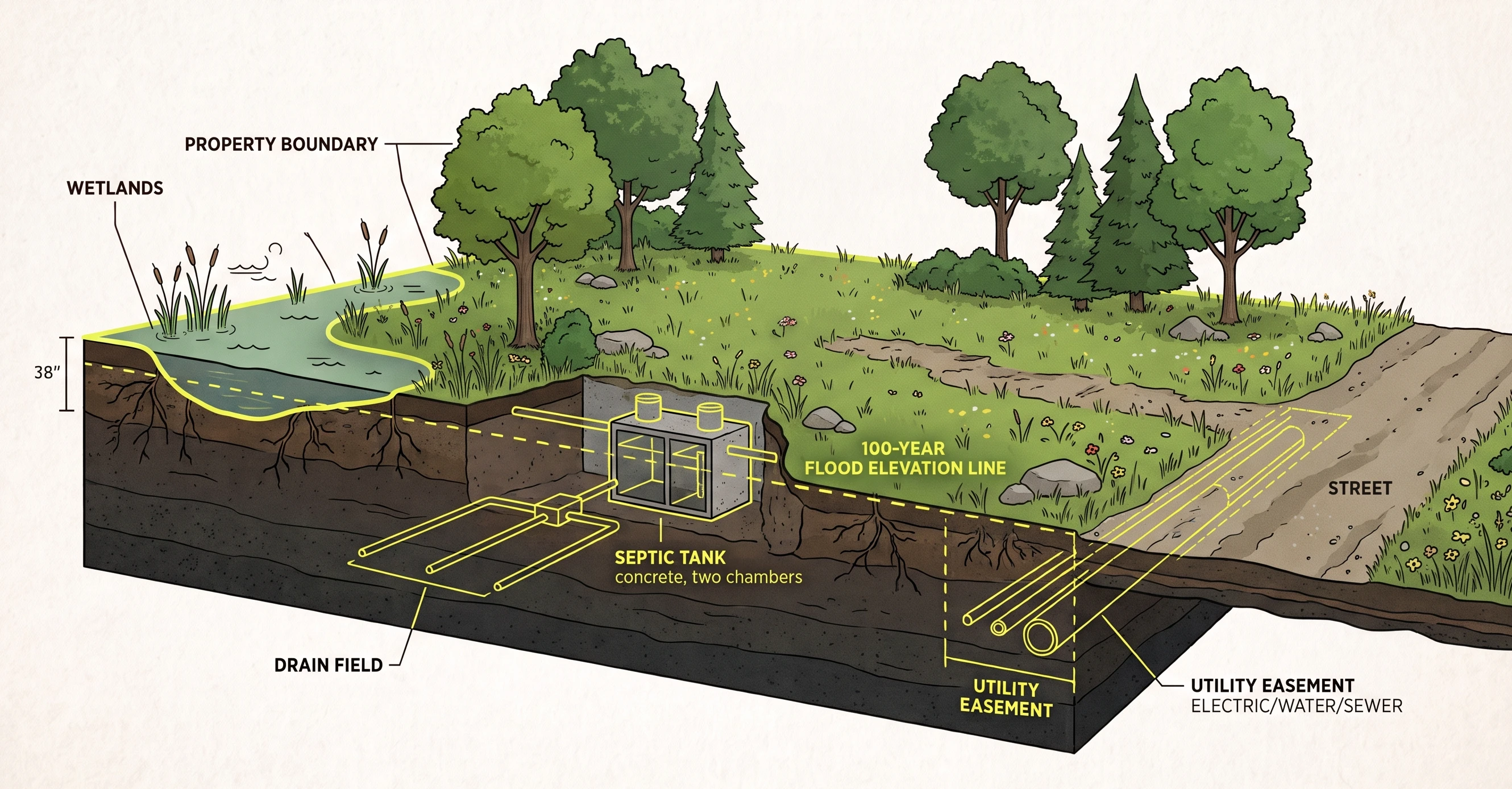 Cross-section illustration of a residential lot revealing hidden wetlands, flood elevation line, septic system, drain field, and utility easement