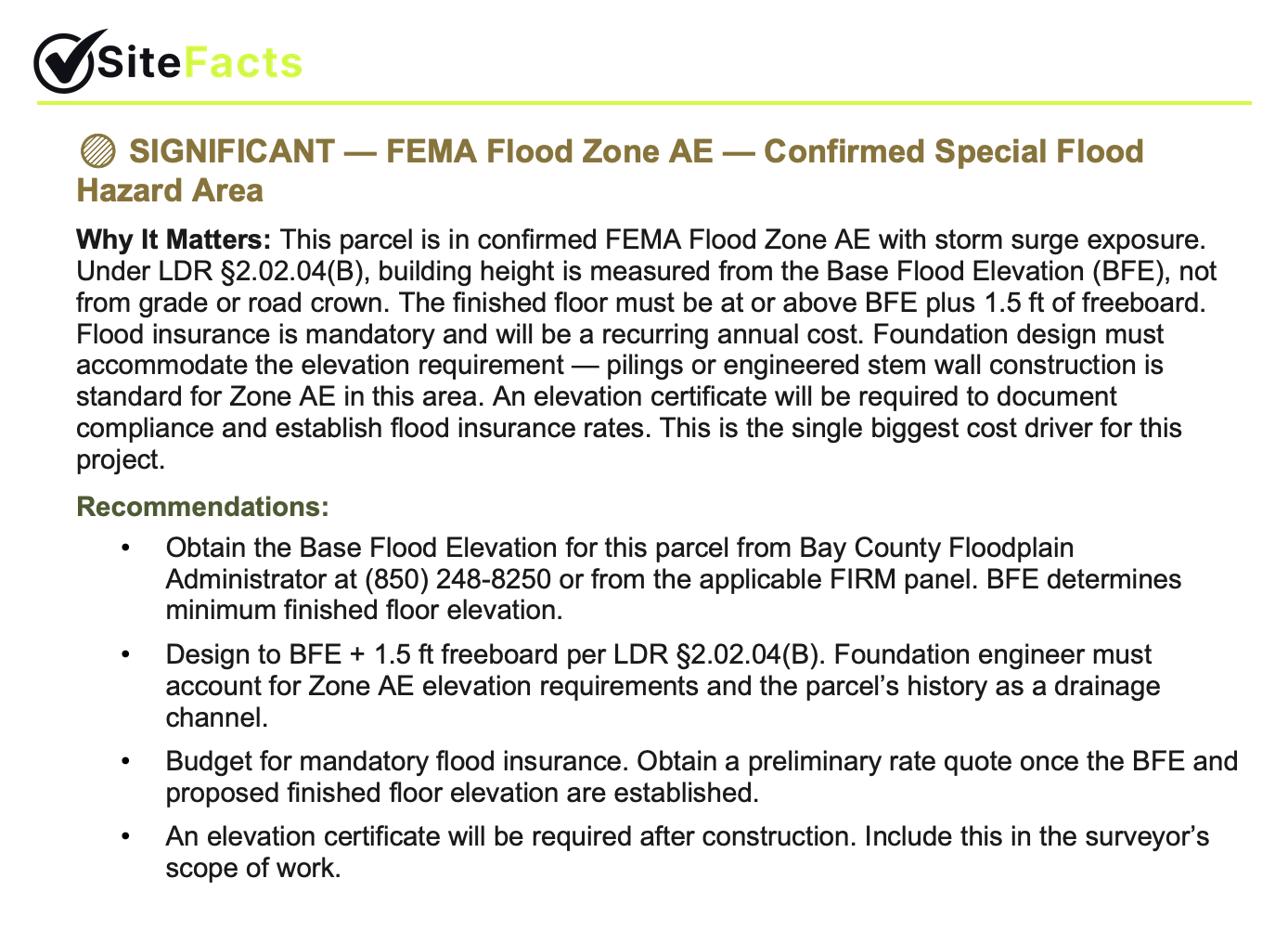 SiteFacts Report finding for FEMA Flood Zone AE with plain-English explanation, code citation, and recommended next steps