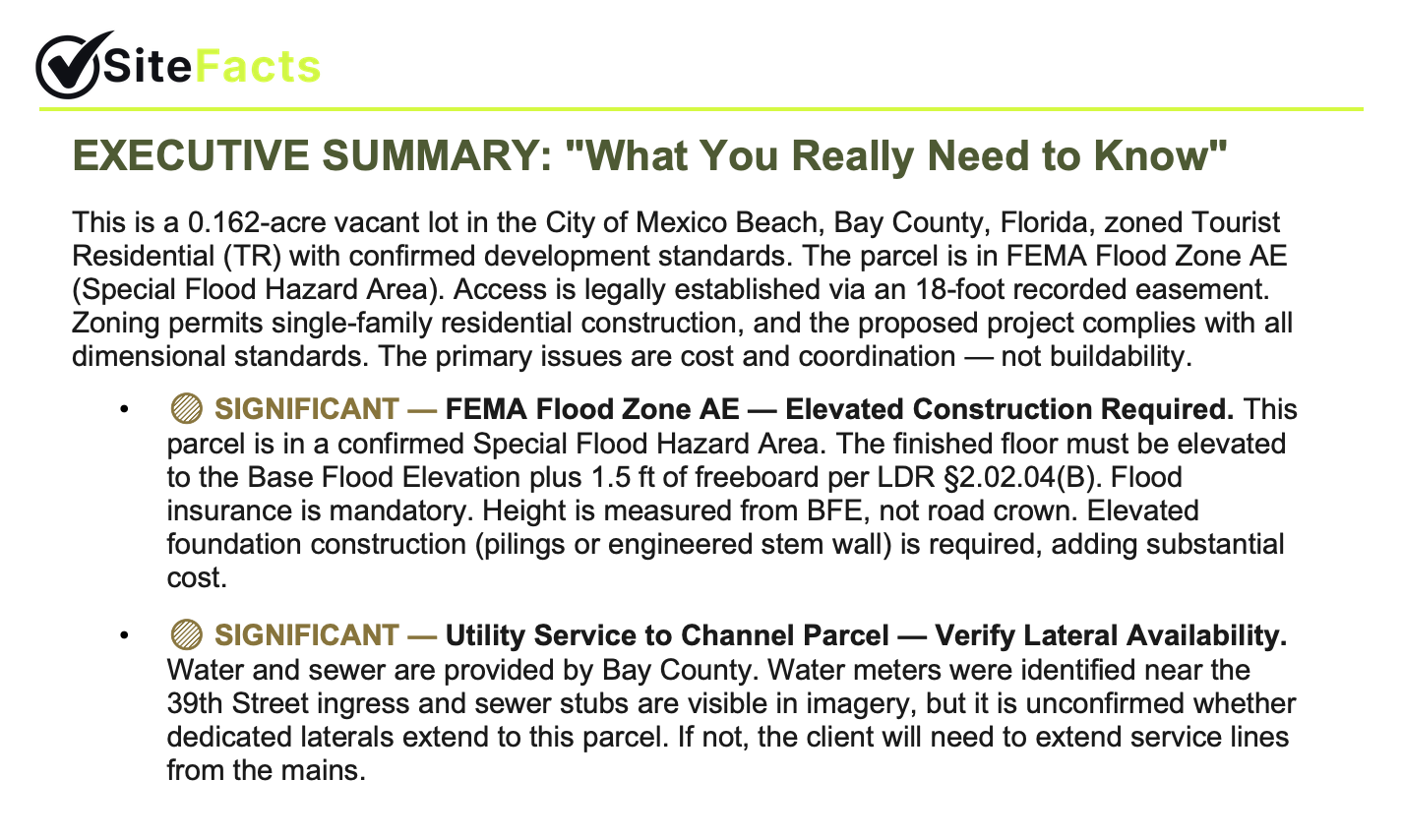 SiteFacts Report executive summary showing plain-English findings with a citation to the local land development regulations