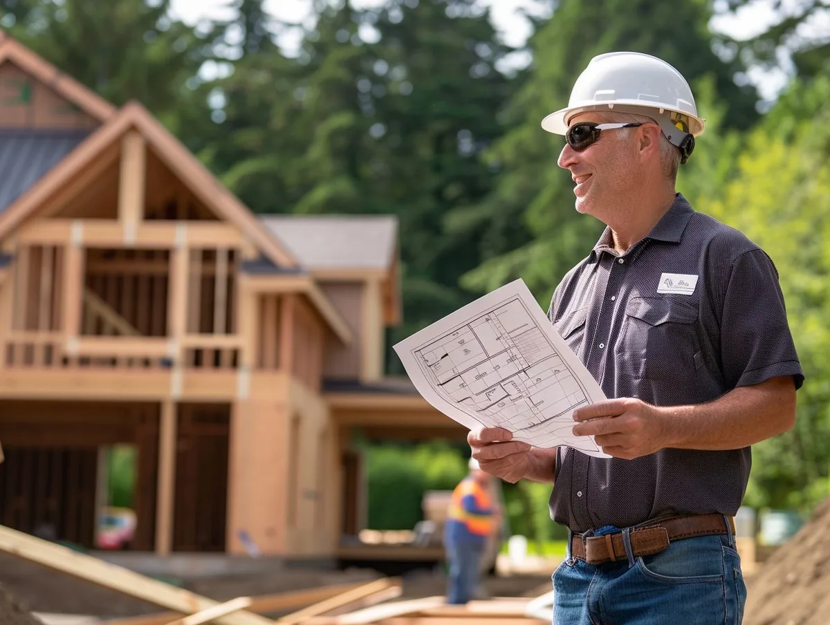 Builder reviewing plans in front of a home under construction