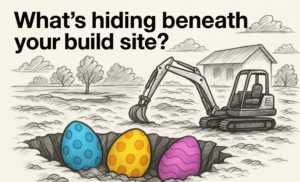Black-and-white sketch of a construction site with an excavator and half-buried, brightly colored Easter eggs in a dirt pit. Caption reads, “What’s hiding beneath your build site?” with #SiteFactsFriday in the corner.
