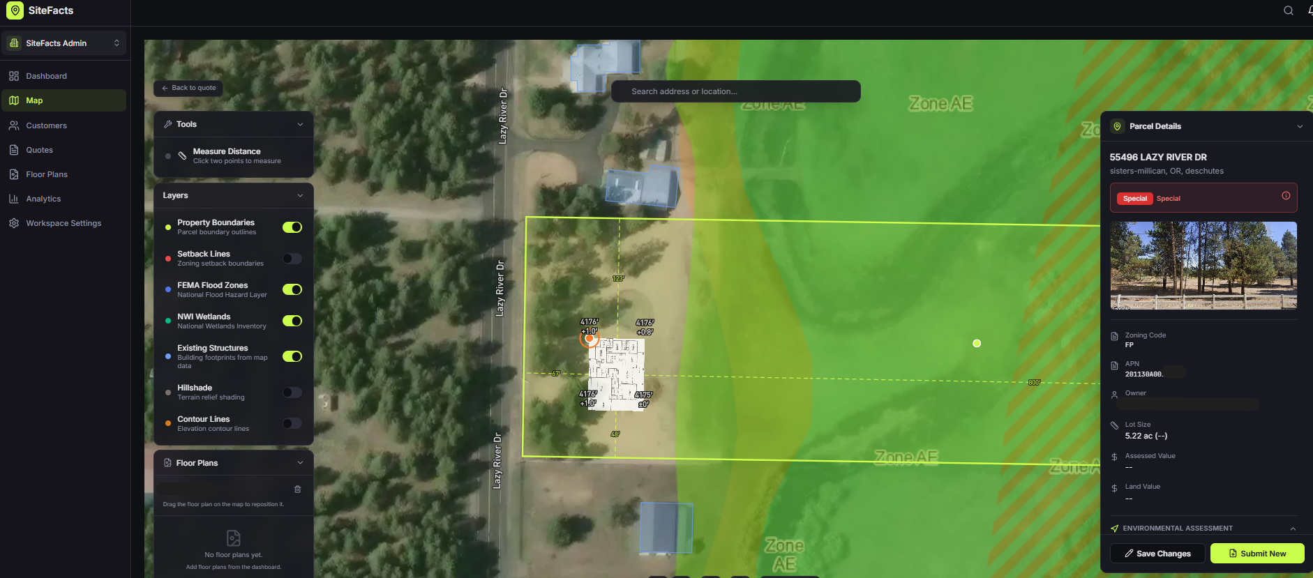 SiteFacts parcel map showing floor plan placed on a buyer's lot with setback lines, building footprint, and SiteScore constraints visible
