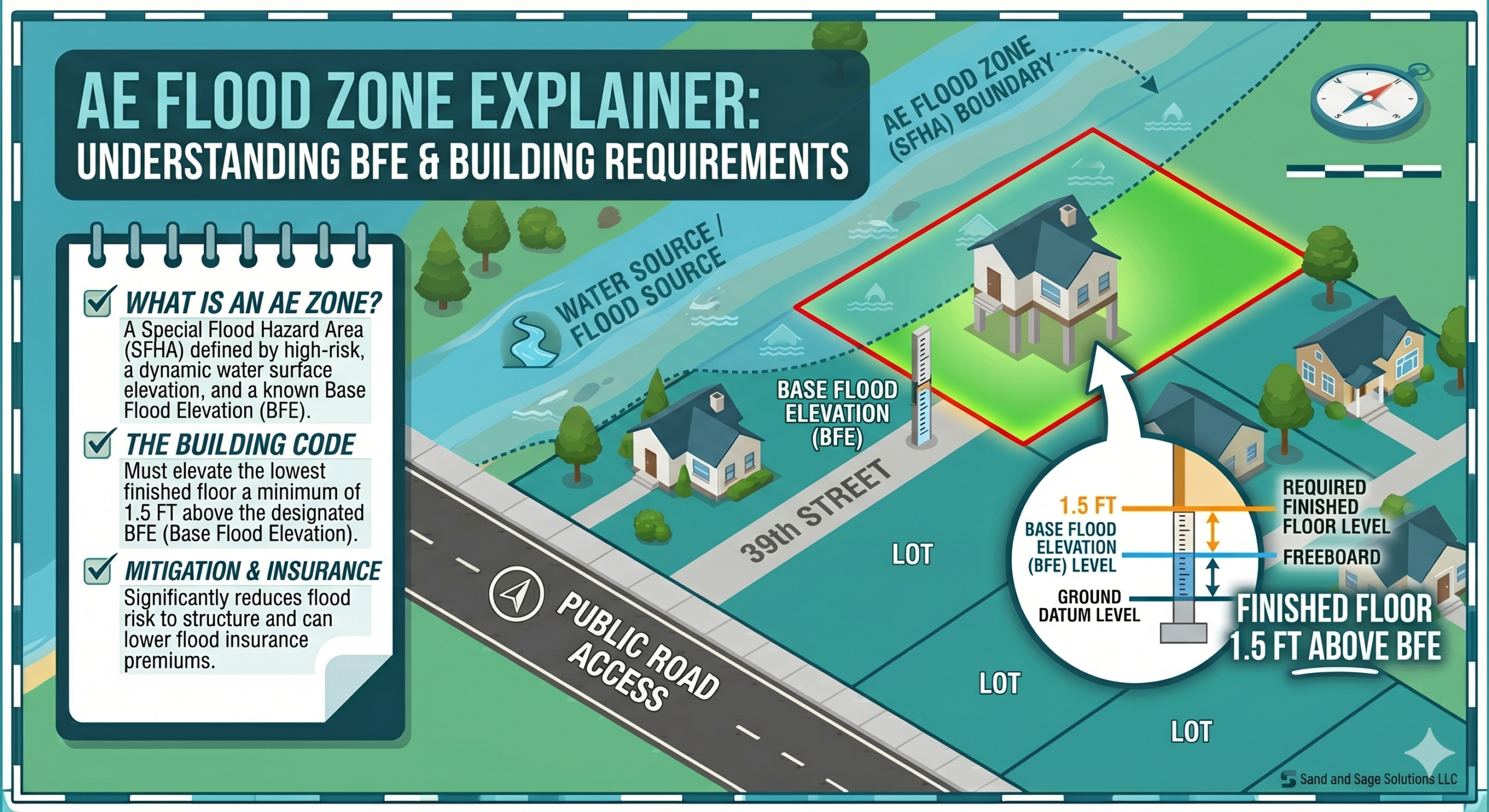 Infographic explaining AE flood zone requirements: Base Flood Elevation marker, required finished floor level 1.5 feet above BFE with freeboard shown, AE Special Flood Hazard Area boundary adjacent to a water source, and public road access.