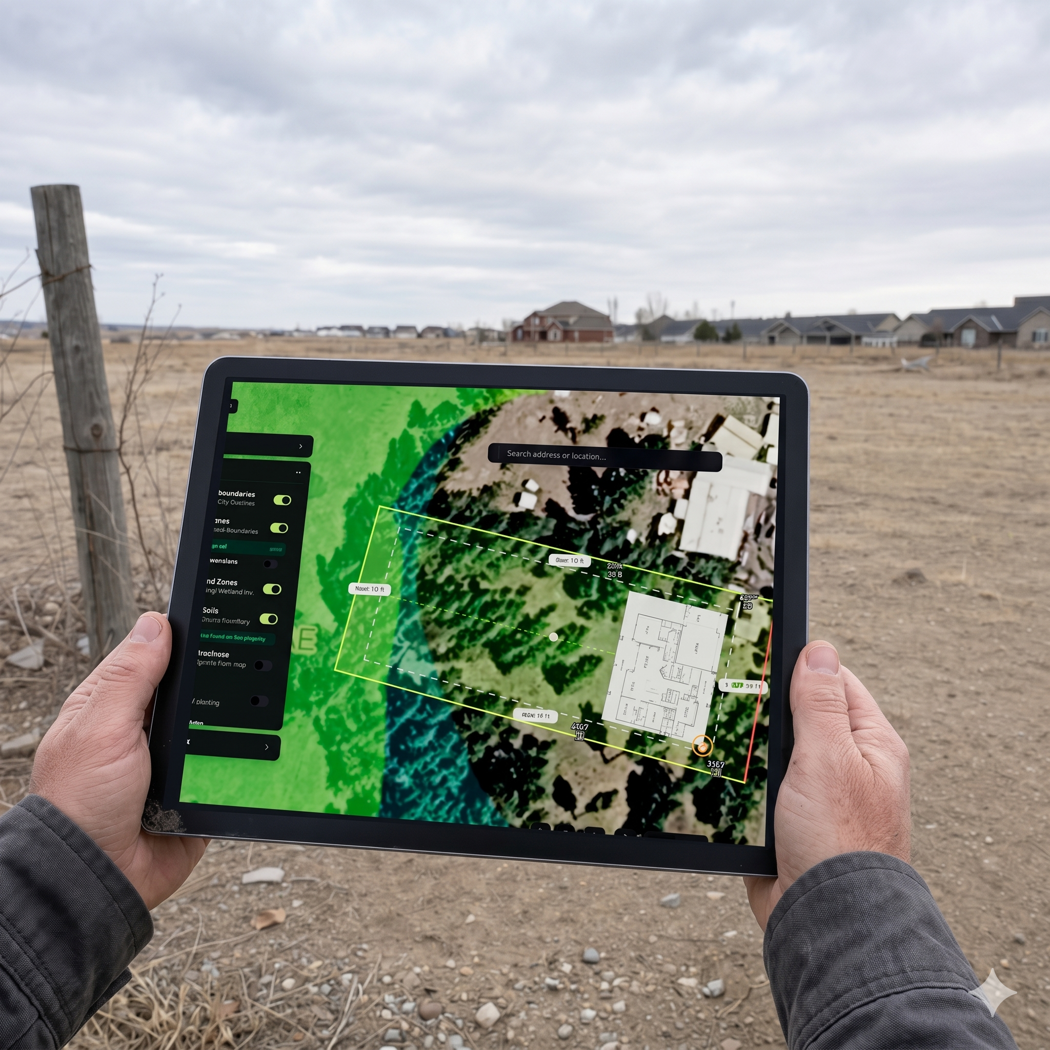 Person holding tablet showing SiteFacts App with parcel map and data layers on a land lot