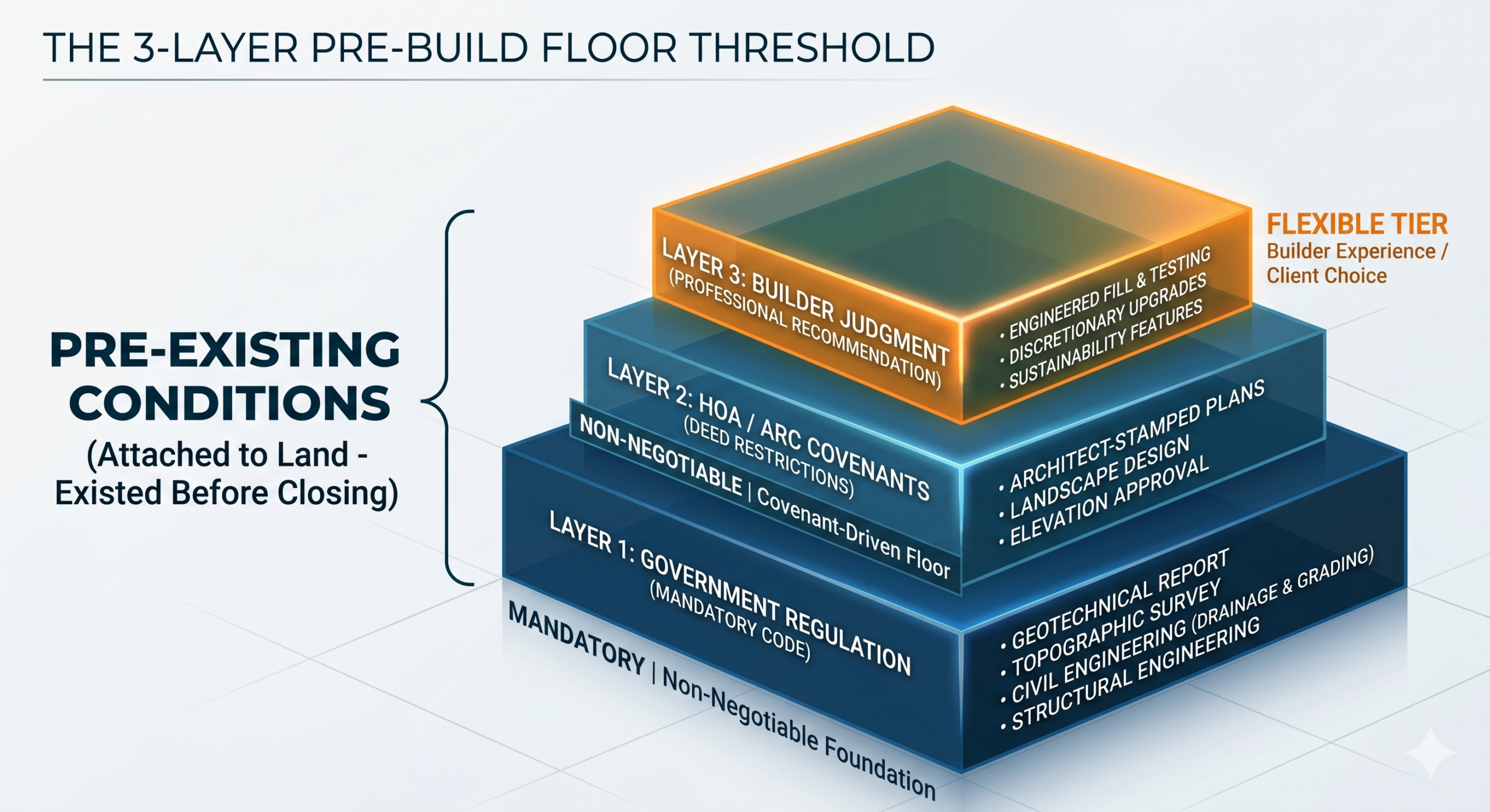 3D block diagram illustrating the 3 layers of pre-build thresholds: Government Regulation, HOA/ARC Covenants, and Builder Judgment.