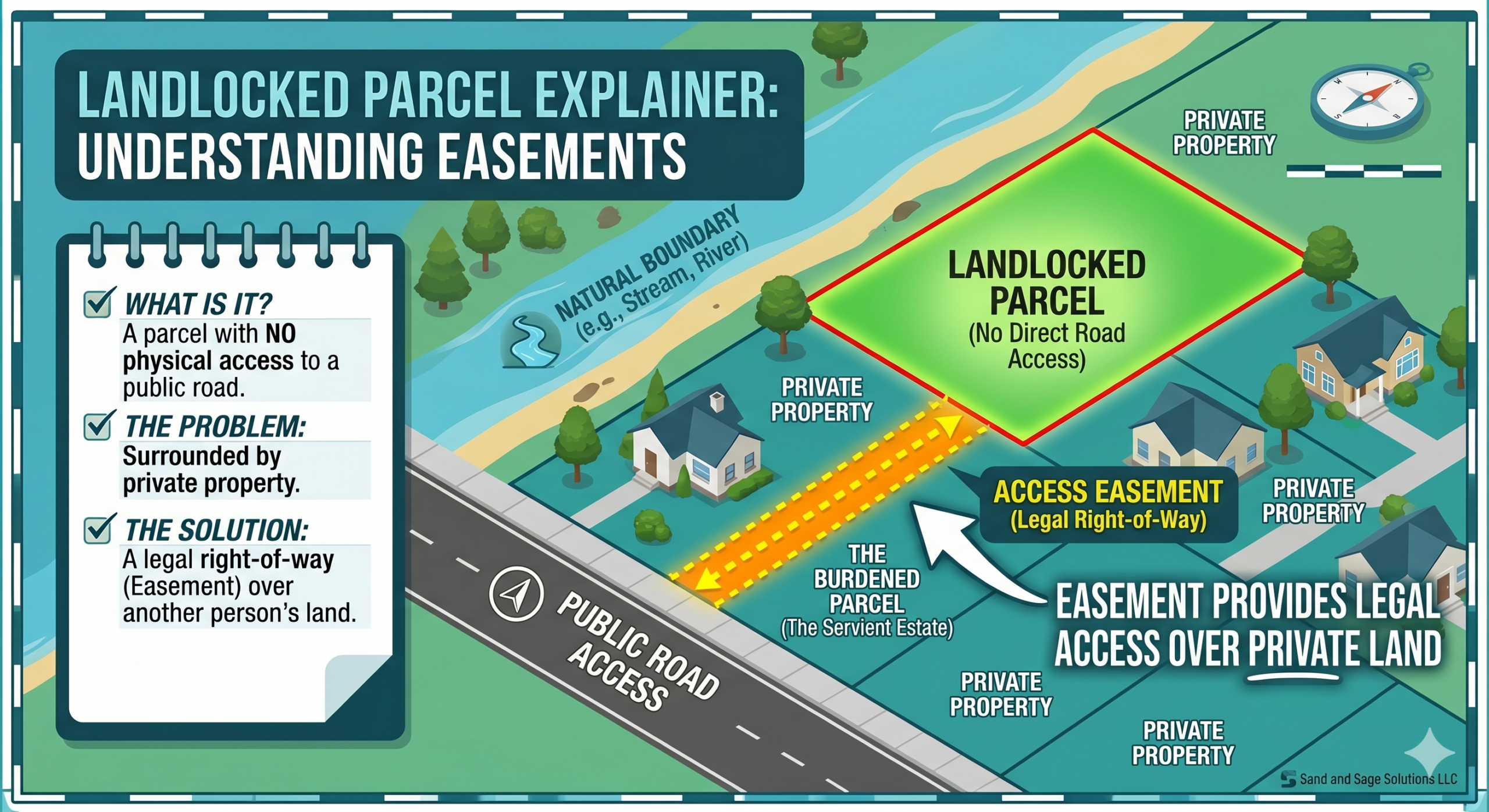 Infographic explaining a landlocked parcel: a parcel with no direct road access, an access easement as a legal right-of-way across the burdened servient parcel to the public road, with natural boundary on the far side.