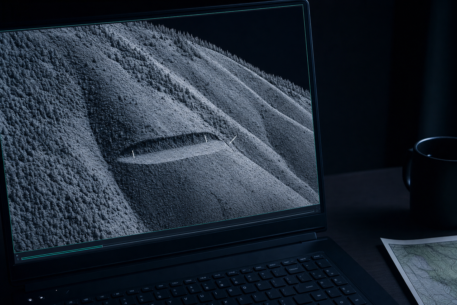 LiDAR hillshade revealing a cut-and-fill bench on a Lane County Oregon slope property