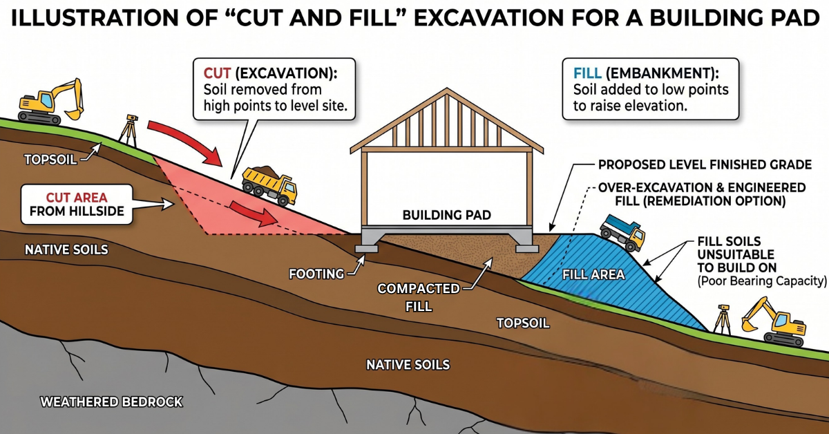 Illustration of cut and fill excavation for a building pad showing cut zone, fill zone, soil layers, and building pad